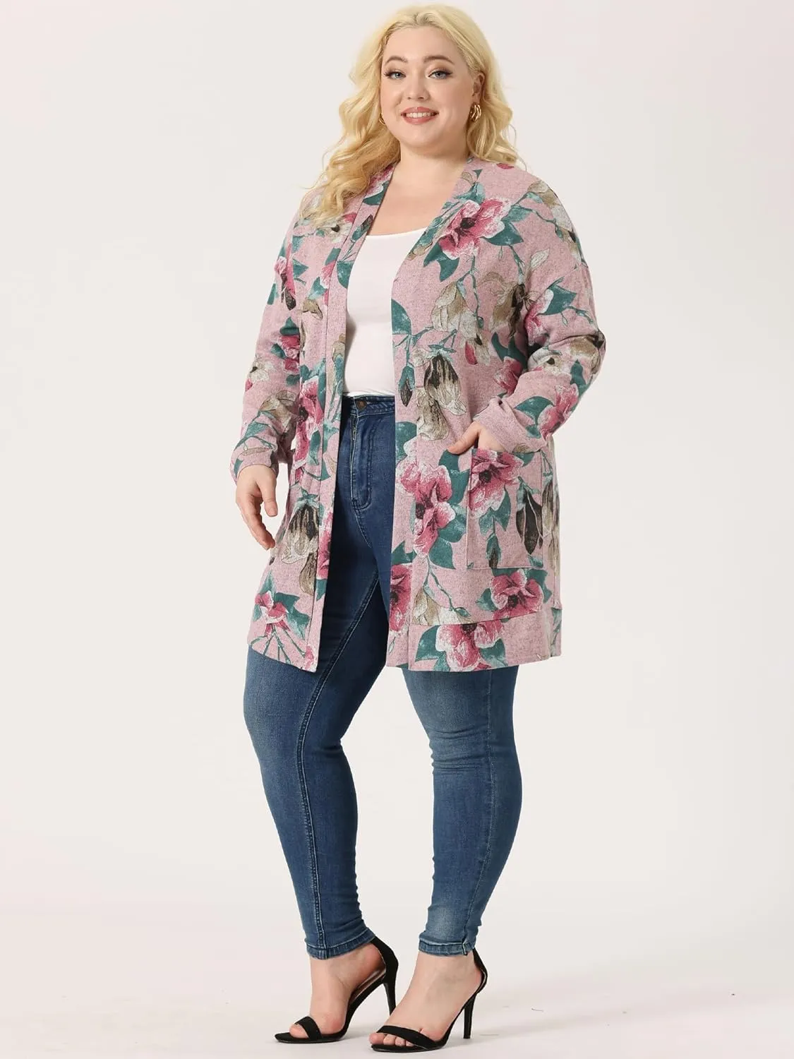 Agnes Orinda Women's Plus Size Lightweight Cardigan Casual Soft Long Sleeve Floral Knit Cardigans with Pockets