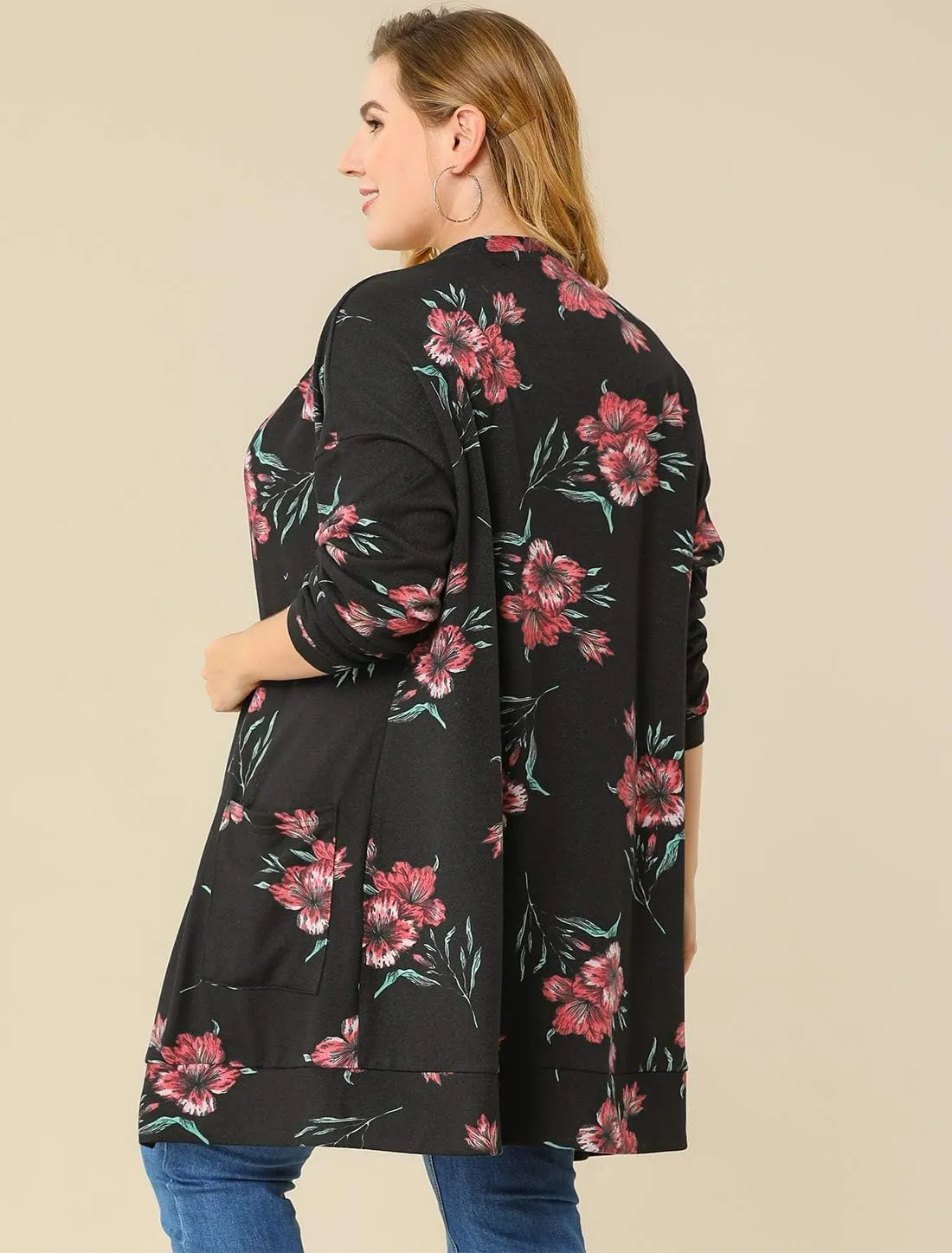 Agnes Orinda Women's Plus Size Lightweight Cardigan Casual Soft Long Sleeve Floral Knit Cardigans with Pockets