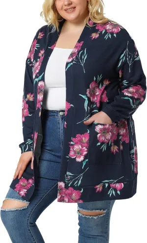 Agnes Orinda Women's Plus Size Lightweight Cardigan Casual Soft Long Sleeve Floral Knit Cardigans with Pockets