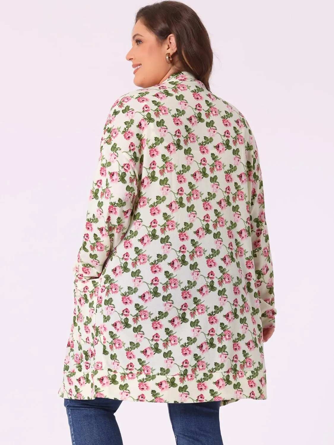 Agnes Orinda Women's Plus Size Lightweight Cardigan Casual Soft Long Sleeve Floral Knit Cardigans with Pockets