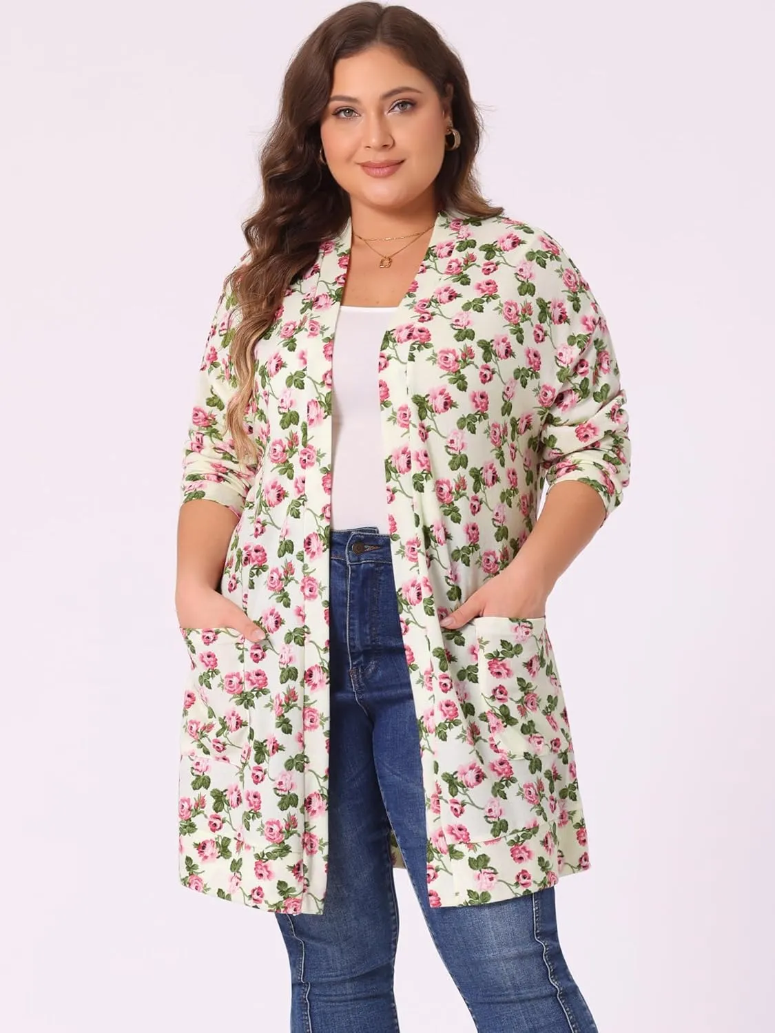 Agnes Orinda Women's Plus Size Lightweight Cardigan Casual Soft Long Sleeve Floral Knit Cardigans with Pockets