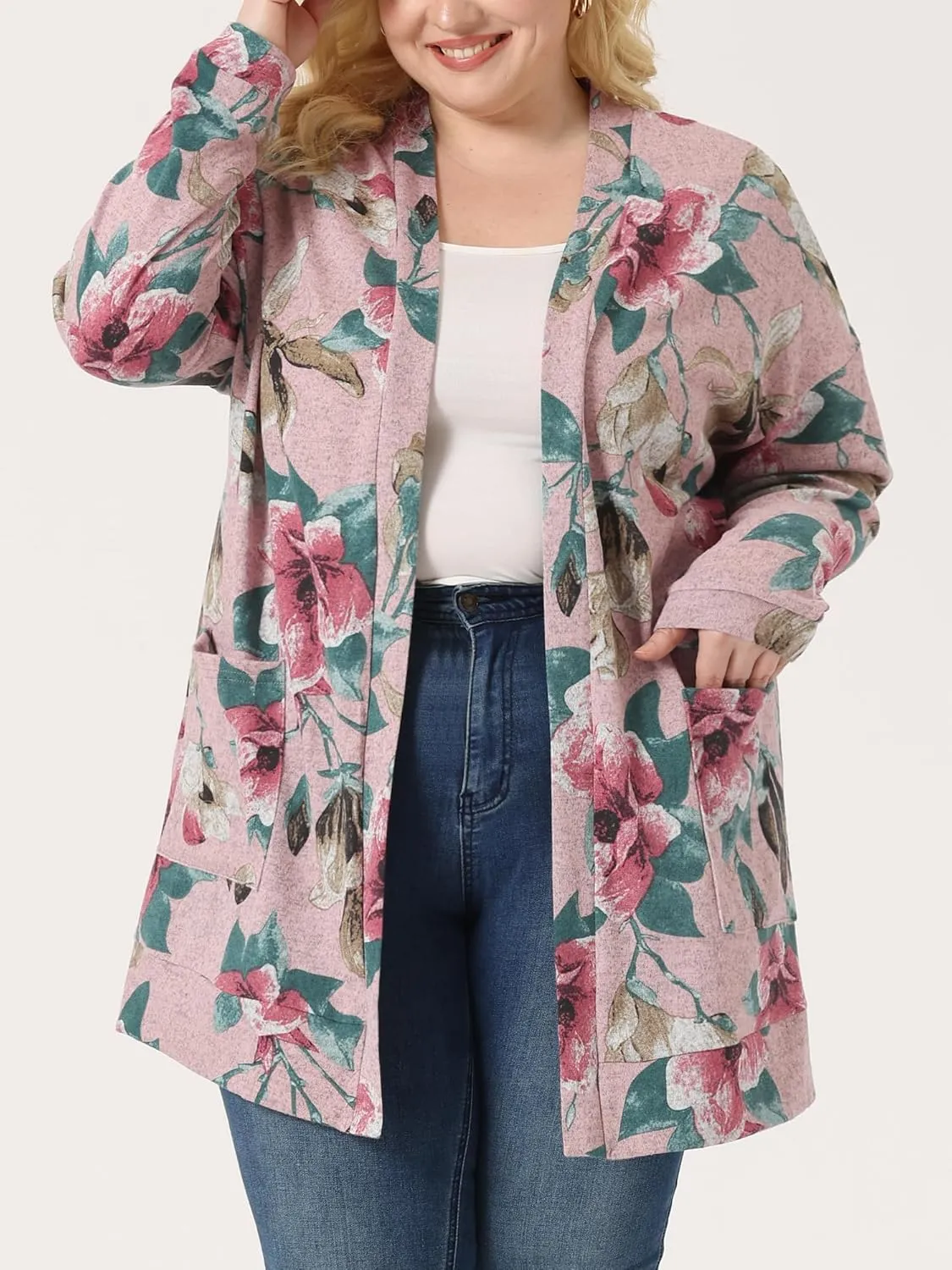 Agnes Orinda Women's Plus Size Lightweight Cardigan Casual Soft Long Sleeve Floral Knit Cardigans with Pockets