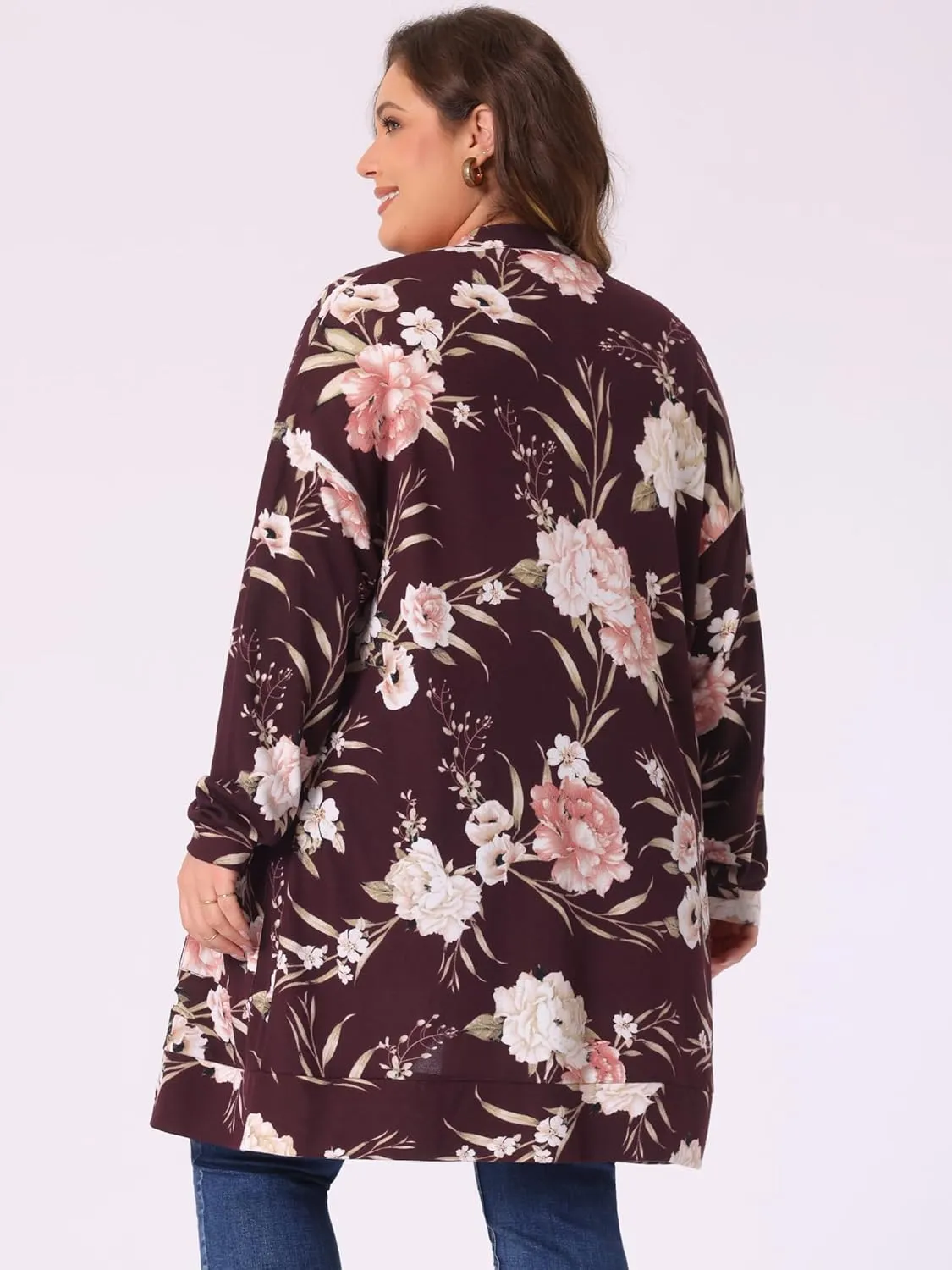 Agnes Orinda Women's Plus Size Lightweight Cardigan Casual Soft Long Sleeve Floral Knit Cardigans with Pockets
