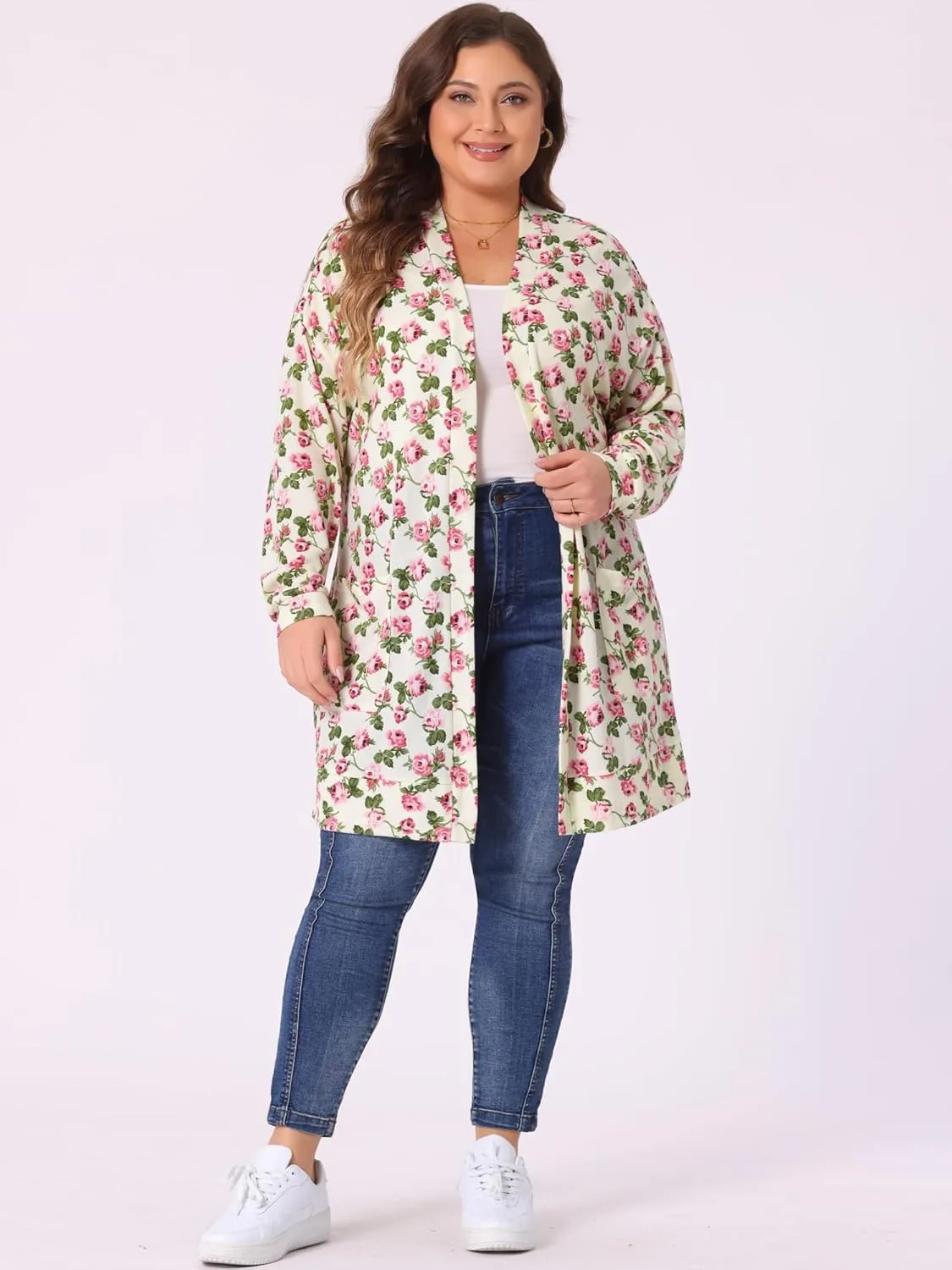 Agnes Orinda Women's Plus Size Lightweight Cardigan Casual Soft Long Sleeve Floral Knit Cardigans with Pockets