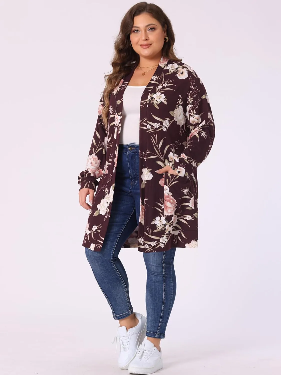 Agnes Orinda Women's Plus Size Lightweight Cardigan Casual Soft Long Sleeve Floral Knit Cardigans with Pockets