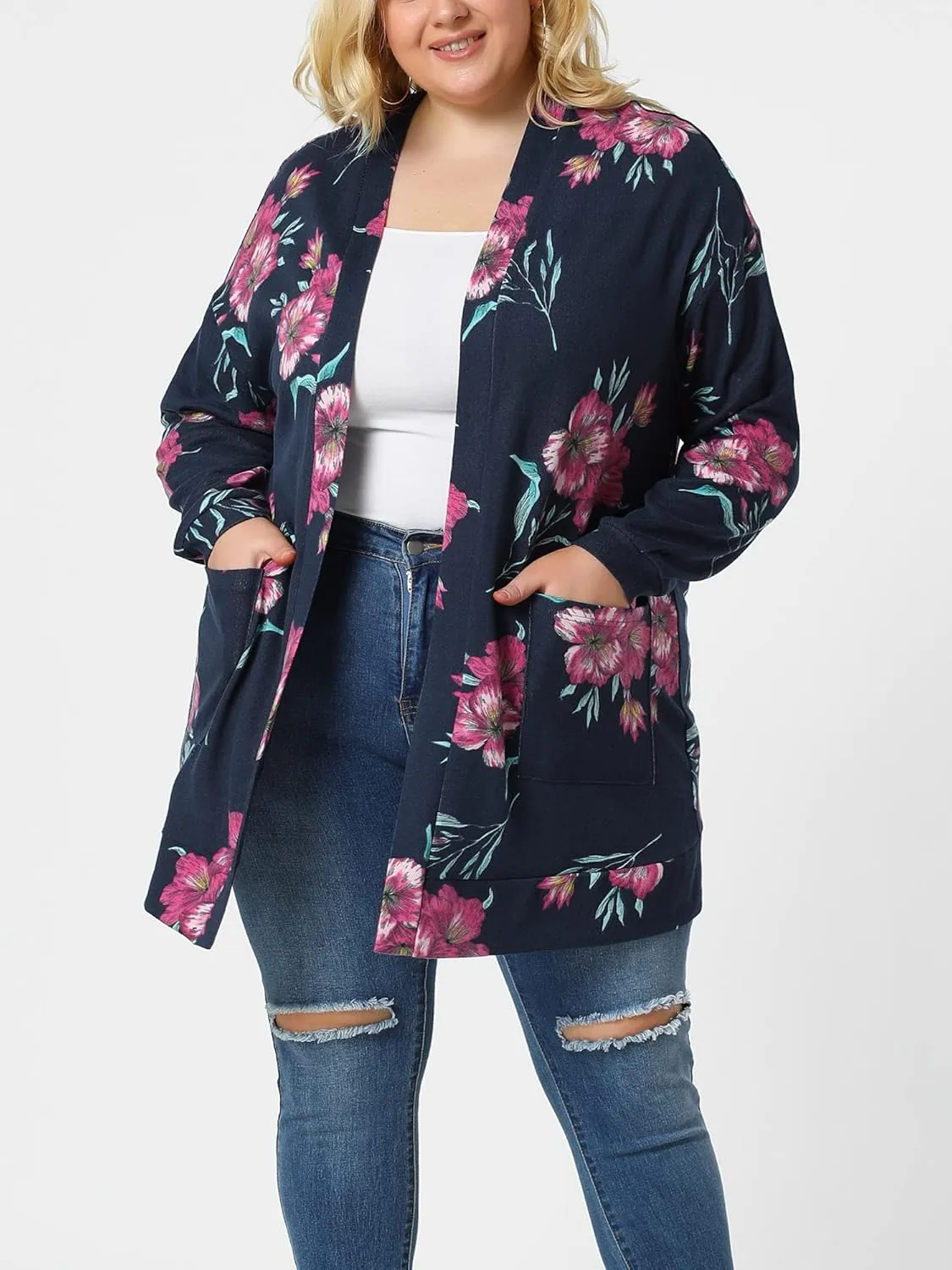 Agnes Orinda Women's Plus Size Lightweight Cardigan Casual Soft Long Sleeve Floral Knit Cardigans with Pockets