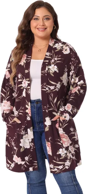 Agnes Orinda Women's Plus Size Lightweight Cardigan Casual Soft Long Sleeve Floral Knit Cardigans with Pockets