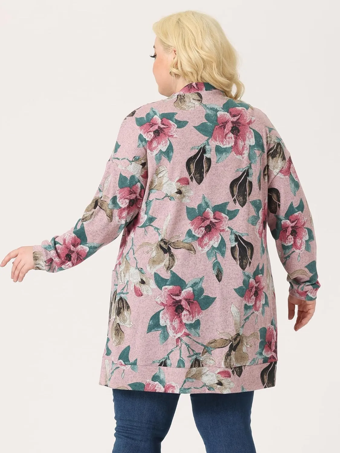 Agnes Orinda Women's Plus Size Lightweight Cardigan Casual Soft Long Sleeve Floral Knit Cardigans with Pockets