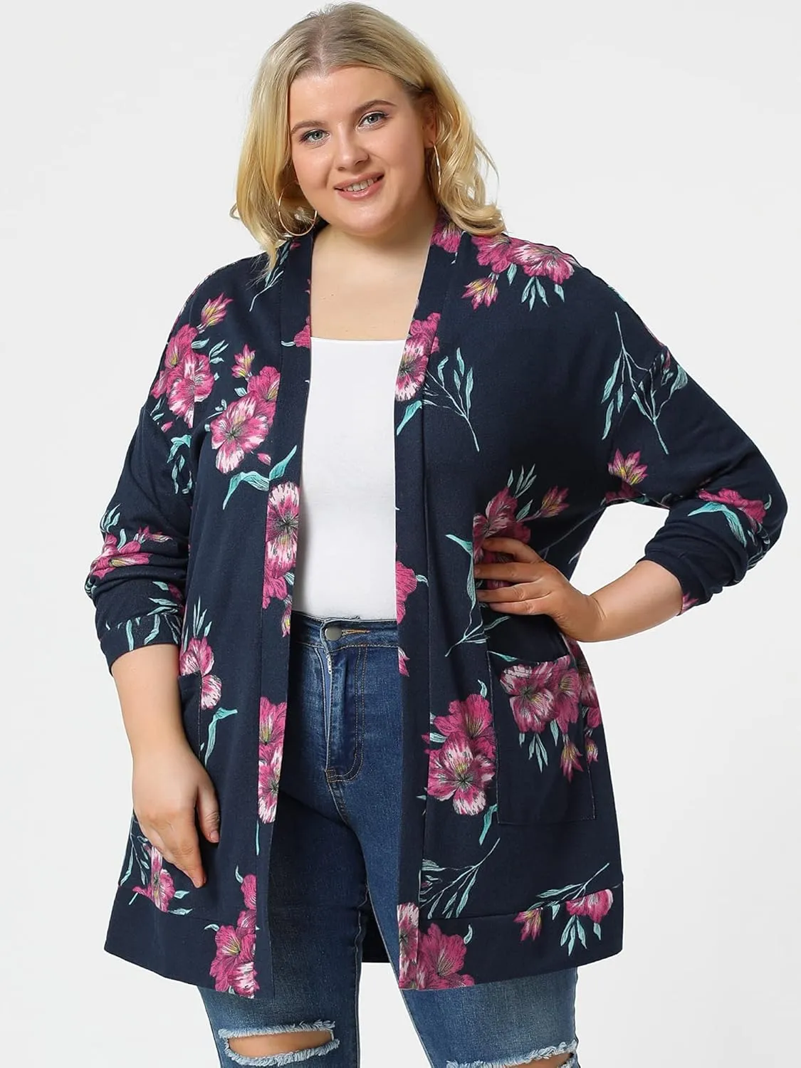 Agnes Orinda Women's Plus Size Lightweight Cardigan Casual Soft Long Sleeve Floral Knit Cardigans with Pockets
