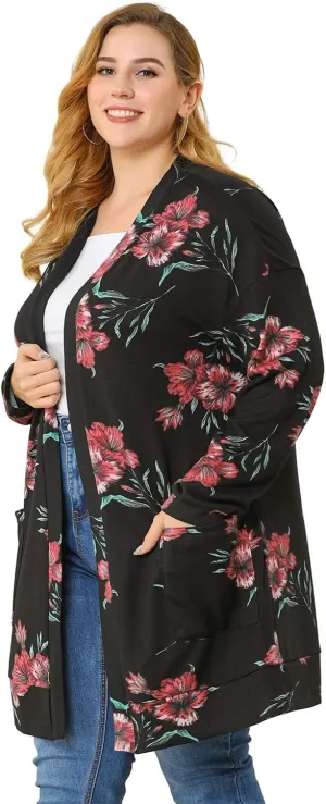 Agnes Orinda Women's Plus Size Lightweight Cardigan Casual Soft Long Sleeve Floral Knit Cardigans with Pockets