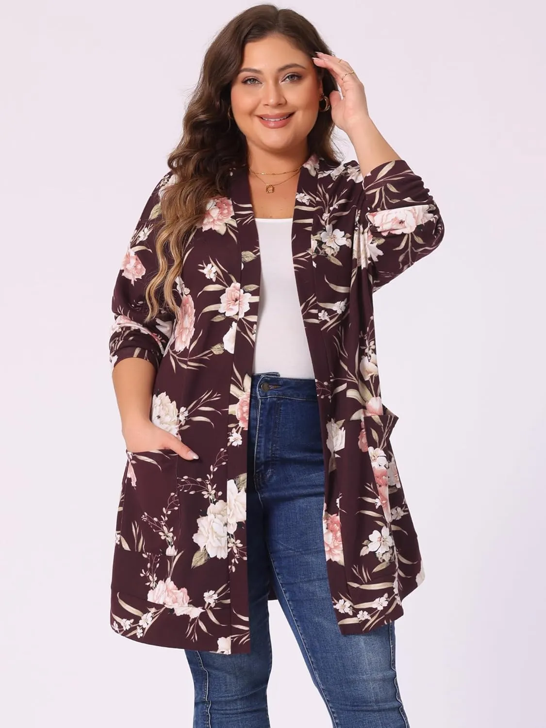 Agnes Orinda Women's Plus Size Lightweight Cardigan Casual Soft Long Sleeve Floral Knit Cardigans with Pockets