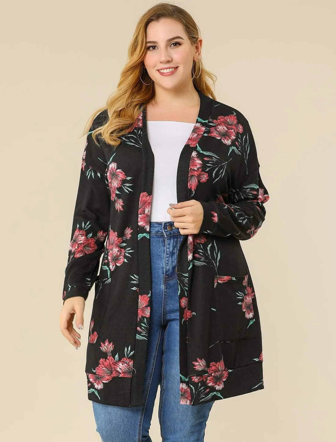 Agnes Orinda Women's Plus Size Lightweight Cardigan Casual Soft Long Sleeve Floral Knit Cardigans with Pockets
