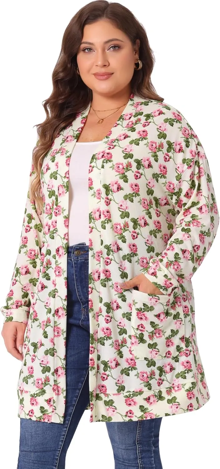 Agnes Orinda Women's Plus Size Lightweight Cardigan Casual Soft Long Sleeve Floral Knit Cardigans with Pockets