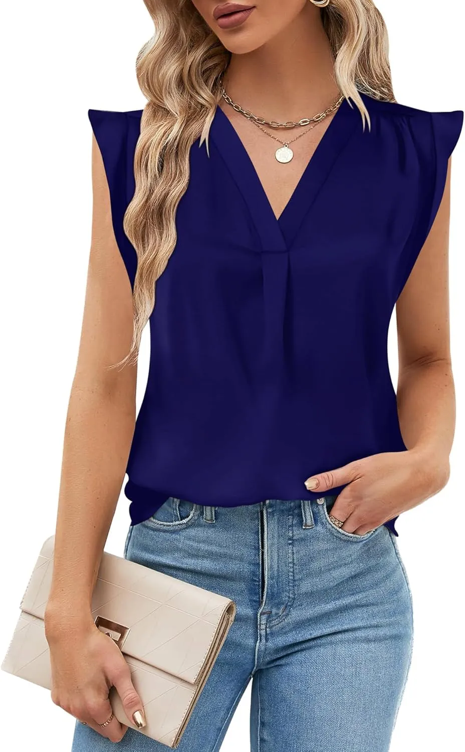 AIMCOO Women Blouses Dressy Casual V Neck Ruffle Cap Sleeve Shirts 2025 Summer Elegant Loose Solid Color Tops