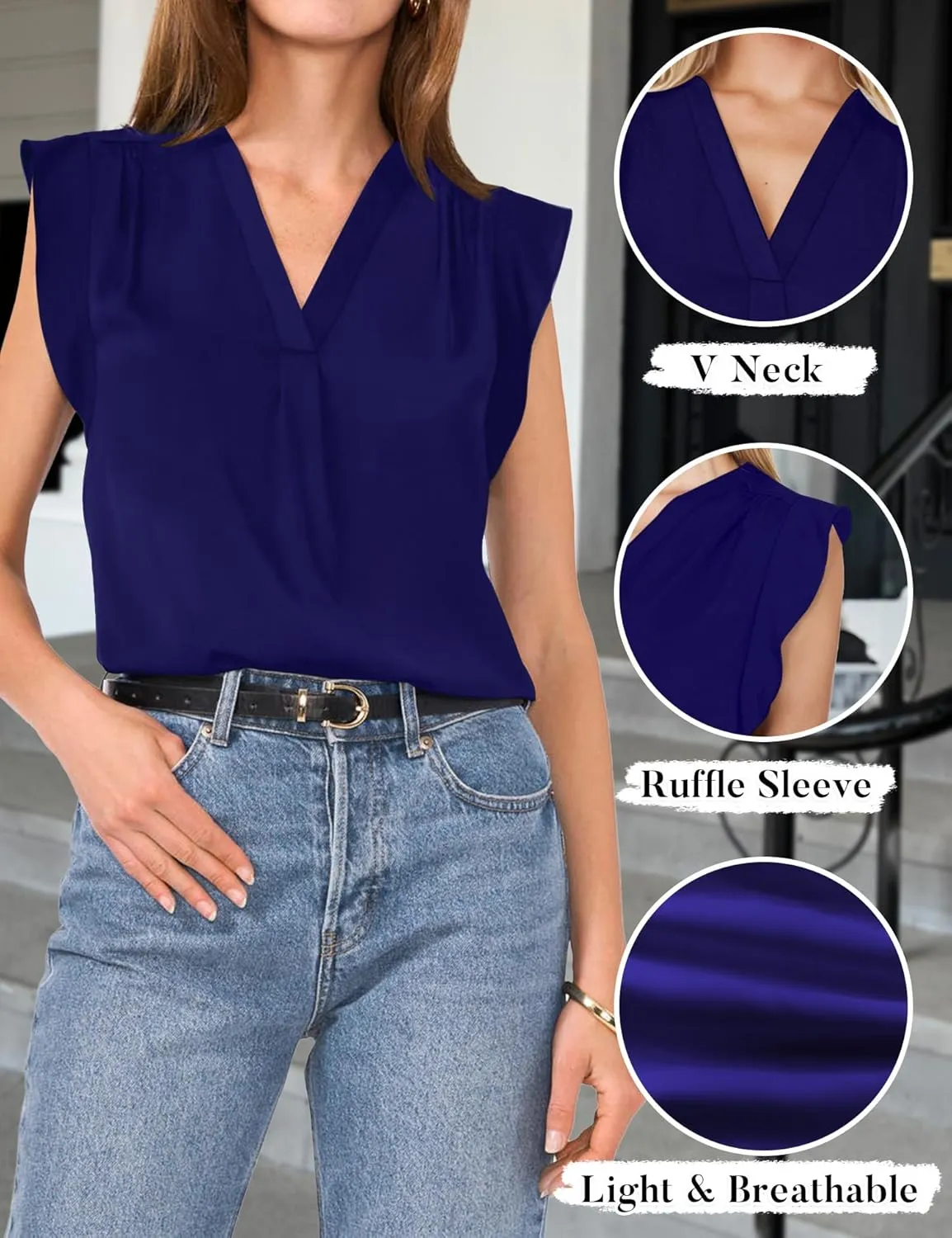 AIMCOO Women Blouses Dressy Casual V Neck Ruffle Cap Sleeve Shirts 2025 Summer Elegant Loose Solid Color Tops