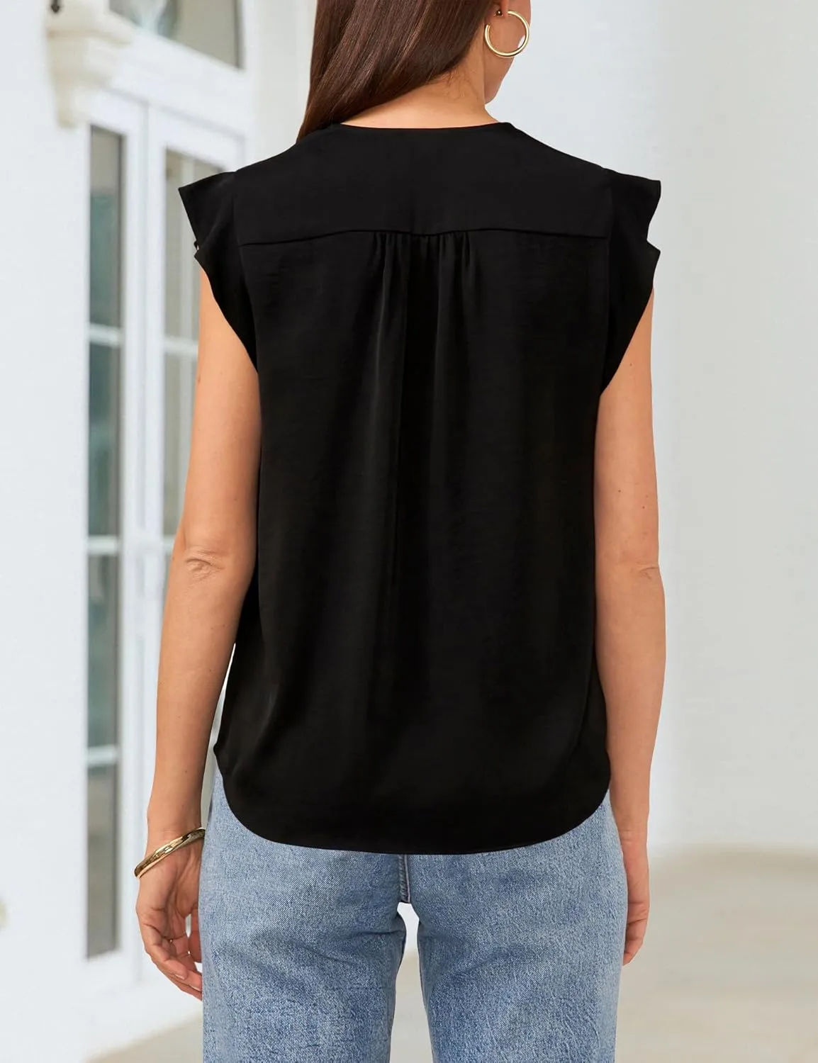 AIMCOO Women Blouses Dressy Casual V Neck Ruffle Cap Sleeve Shirts 2025 Summer Elegant Loose Solid Color Tops