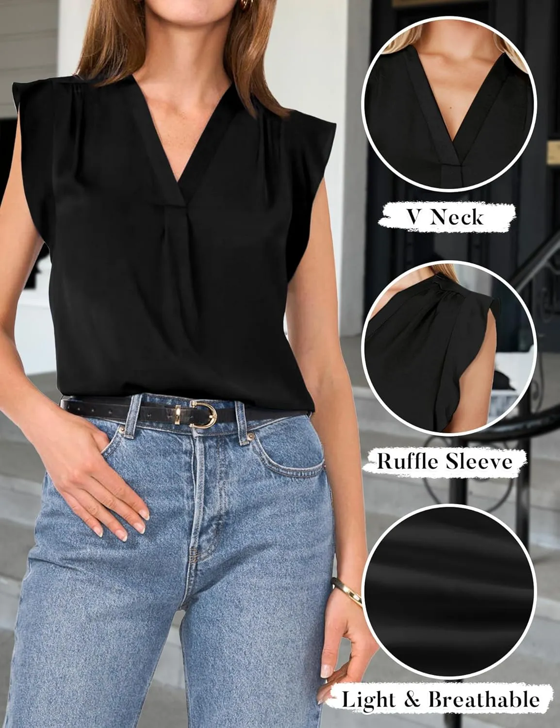 AIMCOO Women Blouses Dressy Casual V Neck Ruffle Cap Sleeve Shirts 2025 Summer Elegant Loose Solid Color Tops