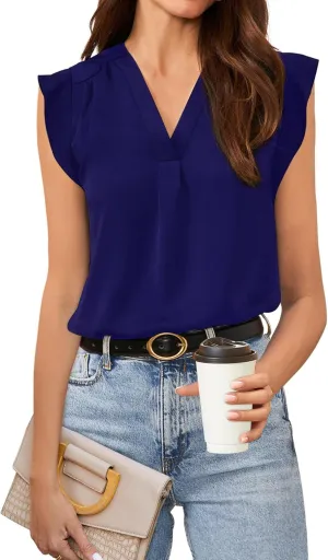 AIMCOO Women Blouses Dressy Casual V Neck Ruffle Cap Sleeve Shirts 2025 Summer Elegant Loose Solid Color Tops