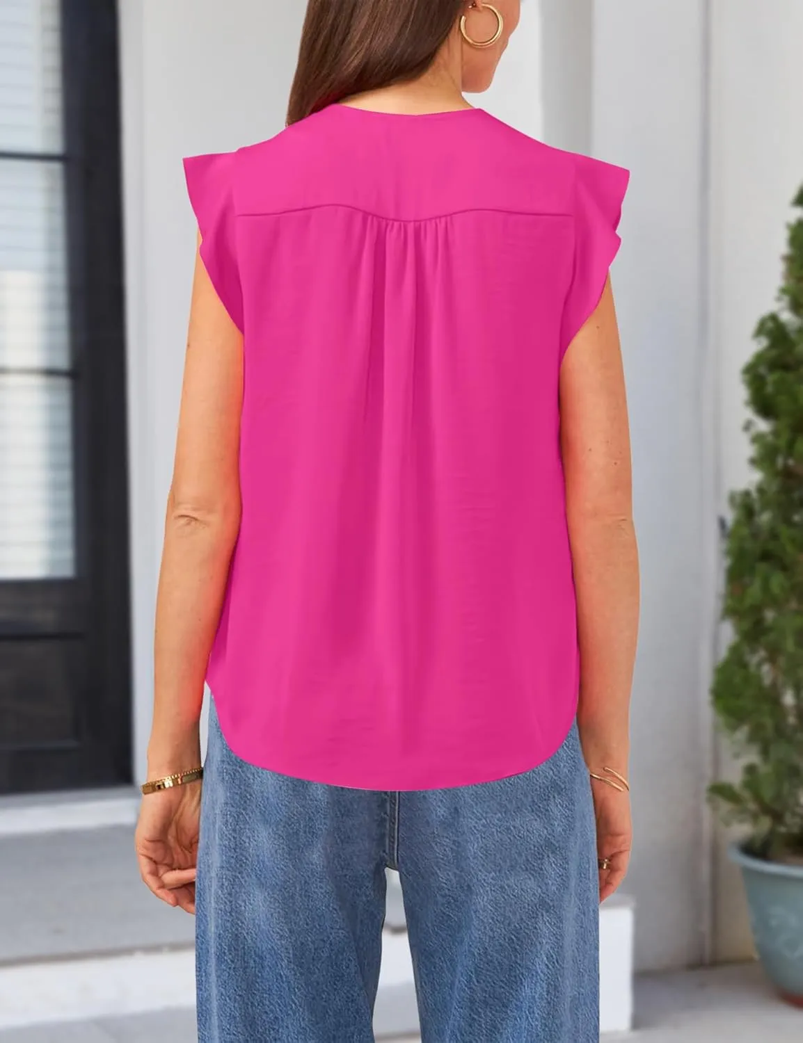 AIMCOO Women Blouses Dressy Casual V Neck Ruffle Cap Sleeve Shirts 2025 Summer Elegant Loose Solid Color Tops