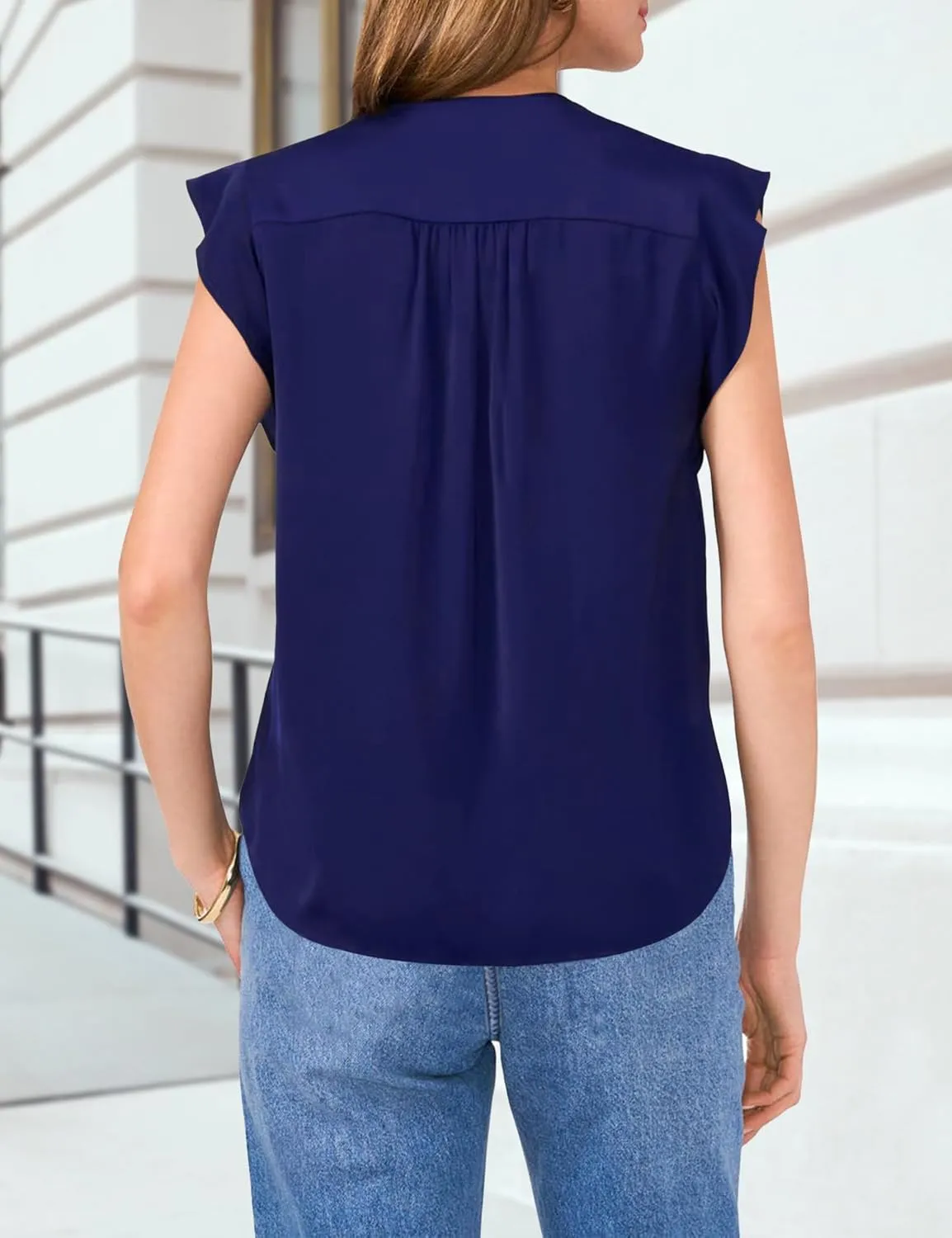 AIMCOO Women Blouses Dressy Casual V Neck Ruffle Cap Sleeve Shirts 2025 Summer Elegant Loose Solid Color Tops