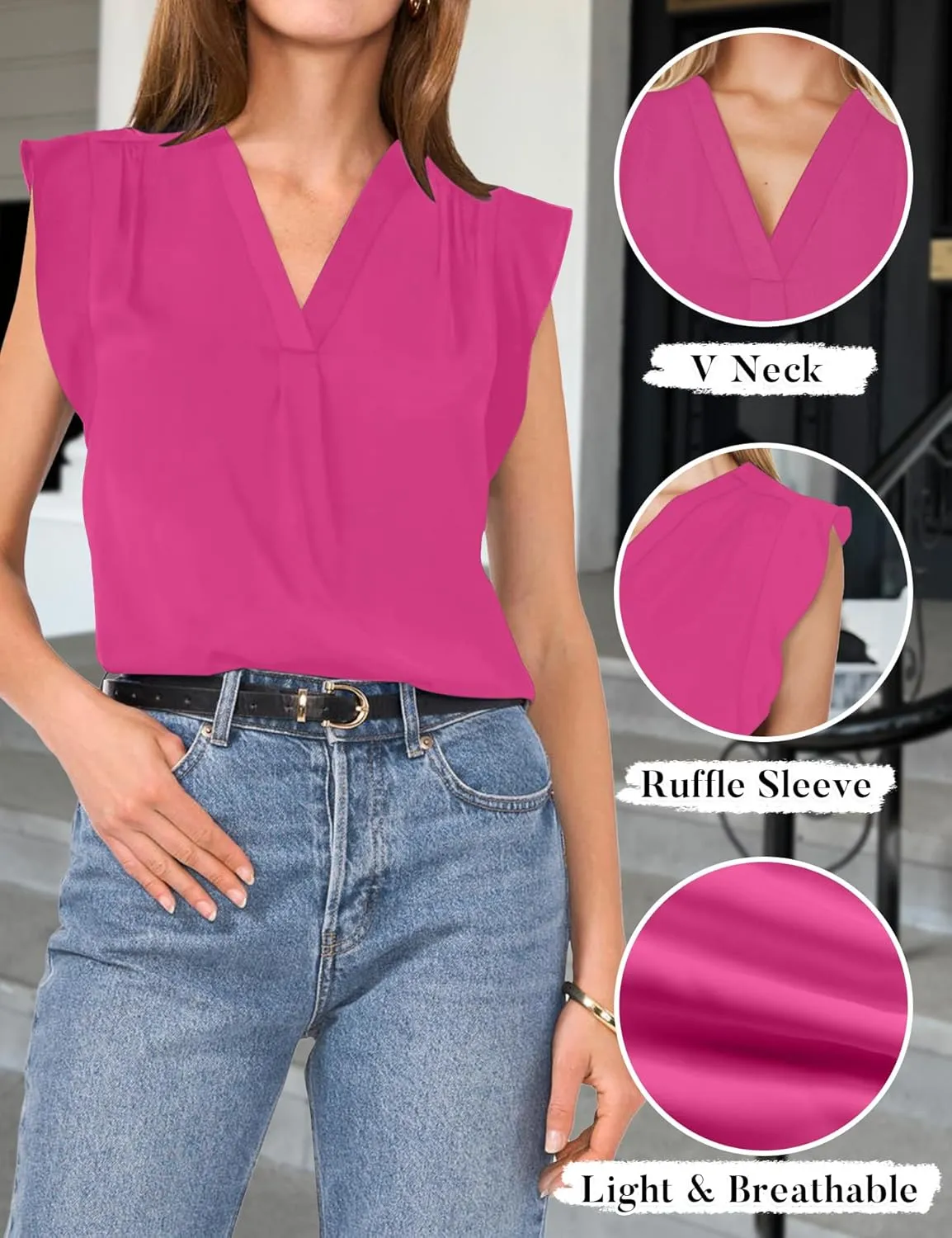 AIMCOO Women Blouses Dressy Casual V Neck Ruffle Cap Sleeve Shirts 2025 Summer Elegant Loose Solid Color Tops
