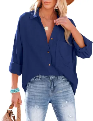 AISEW Womens Button Down Shirts Casual V Neck Long Sleeve Loose Fit Collared Plain Blouses Tops with Pocket