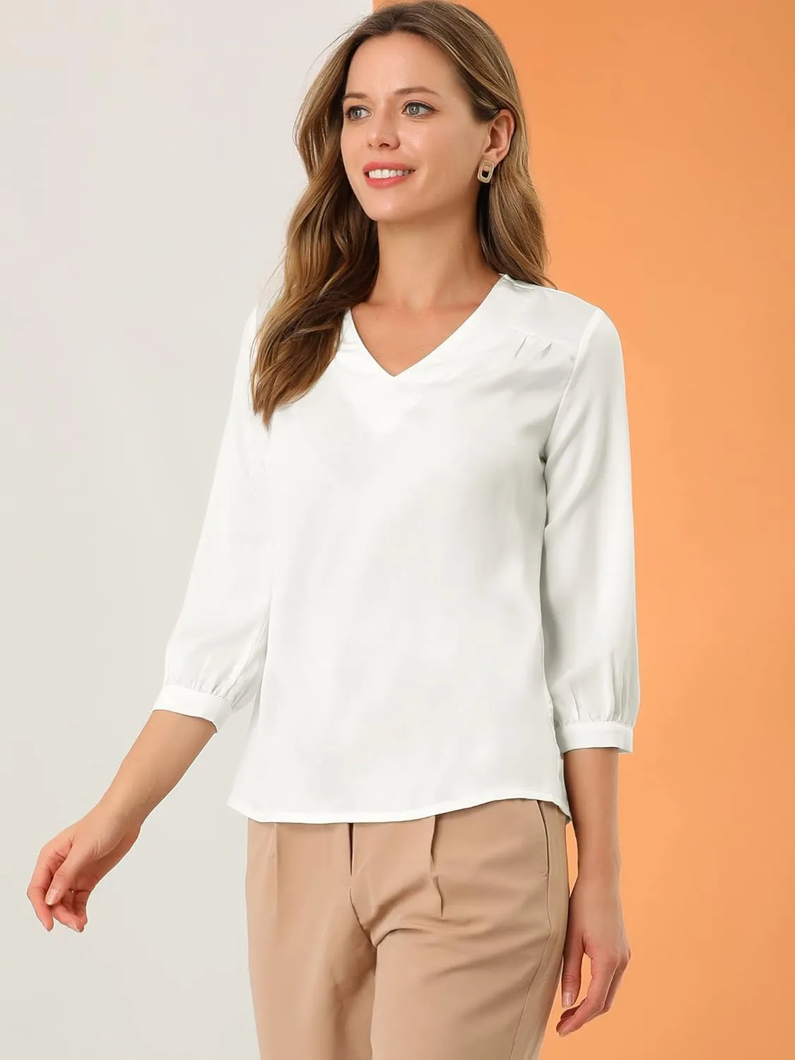 Allegra K Women's Casual Dressy Office Blouses 3/4 Sleeve V Neck Satin Shirt