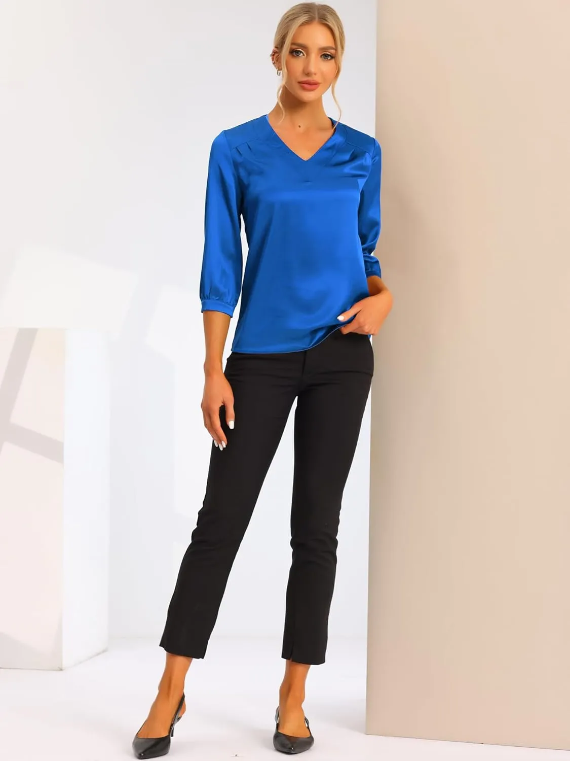 Allegra K Women's Casual Dressy Office Blouses 3/4 Sleeve V Neck Satin Shirt