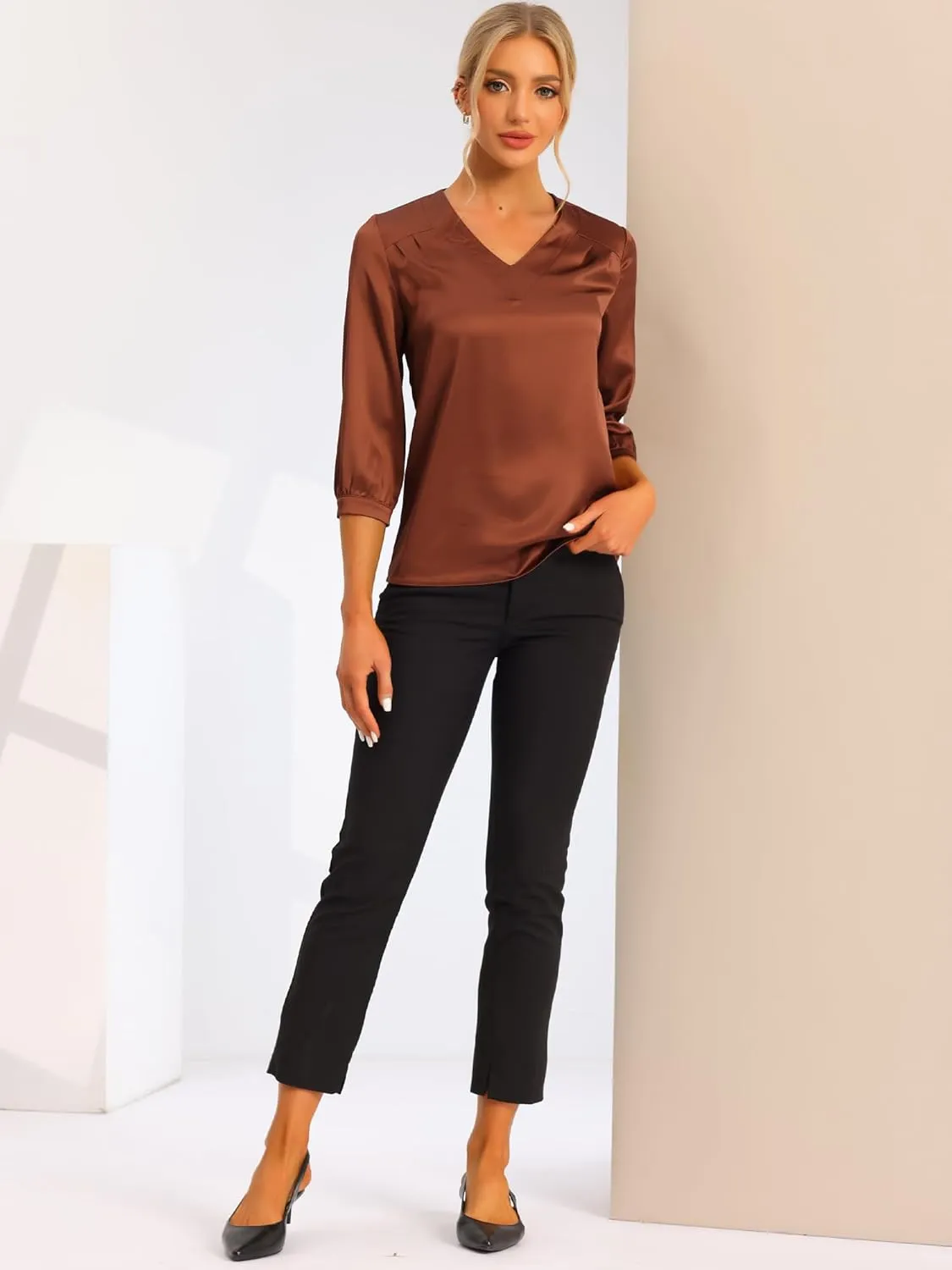 Allegra K Women's Casual Dressy Office Blouses 3/4 Sleeve V Neck Satin Shirt