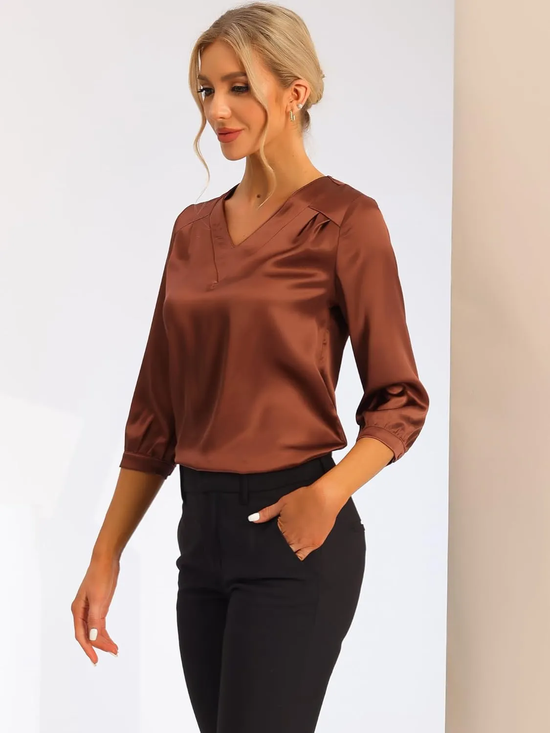 Allegra K Women's Casual Dressy Office Blouses 3/4 Sleeve V Neck Satin Shirt