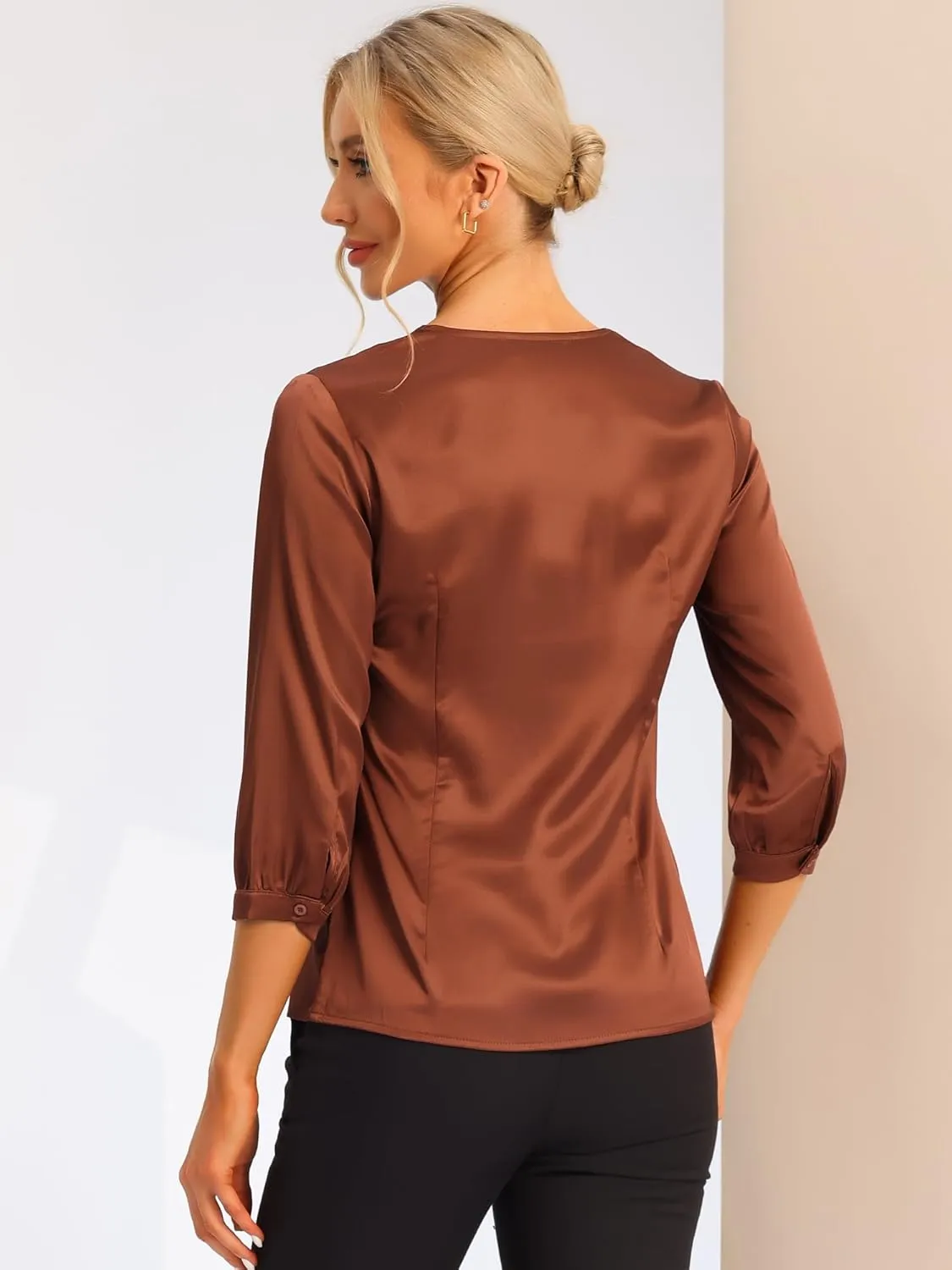 Allegra K Women's Casual Dressy Office Blouses 3/4 Sleeve V Neck Satin Shirt
