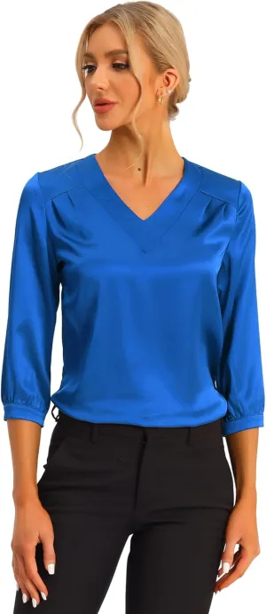 Allegra K Women's Casual Dressy Office Blouses 3/4 Sleeve V Neck Satin Shirt