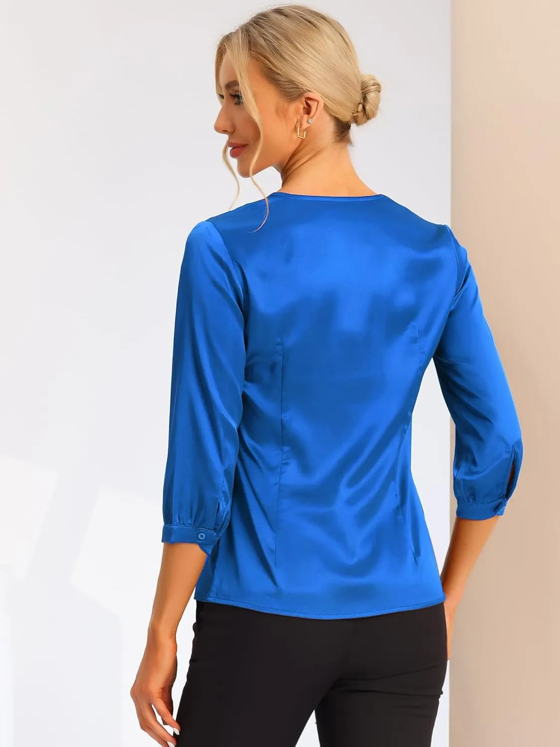 Allegra K Women's Casual Dressy Office Blouses 3/4 Sleeve V Neck Satin Shirt