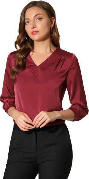 Allegra K Women's Casual Dressy Office Blouses 3/4 Sleeve V Neck Satin Shirt