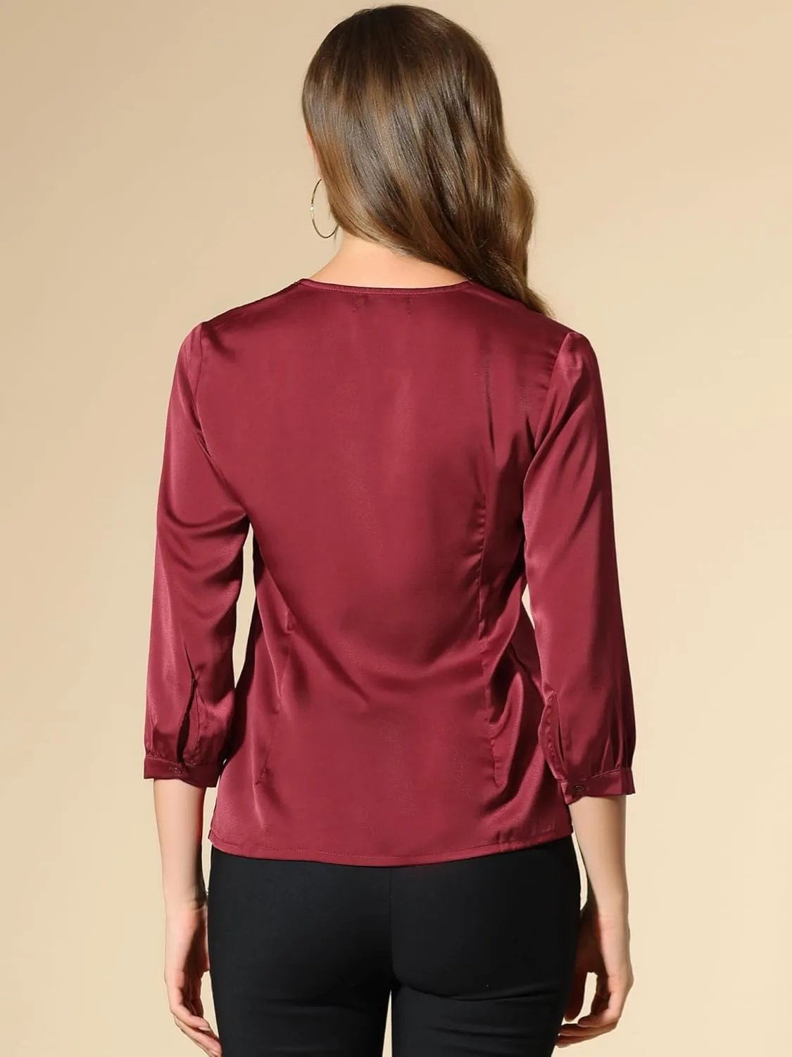 Allegra K Women's Casual Dressy Office Blouses 3/4 Sleeve V Neck Satin Shirt