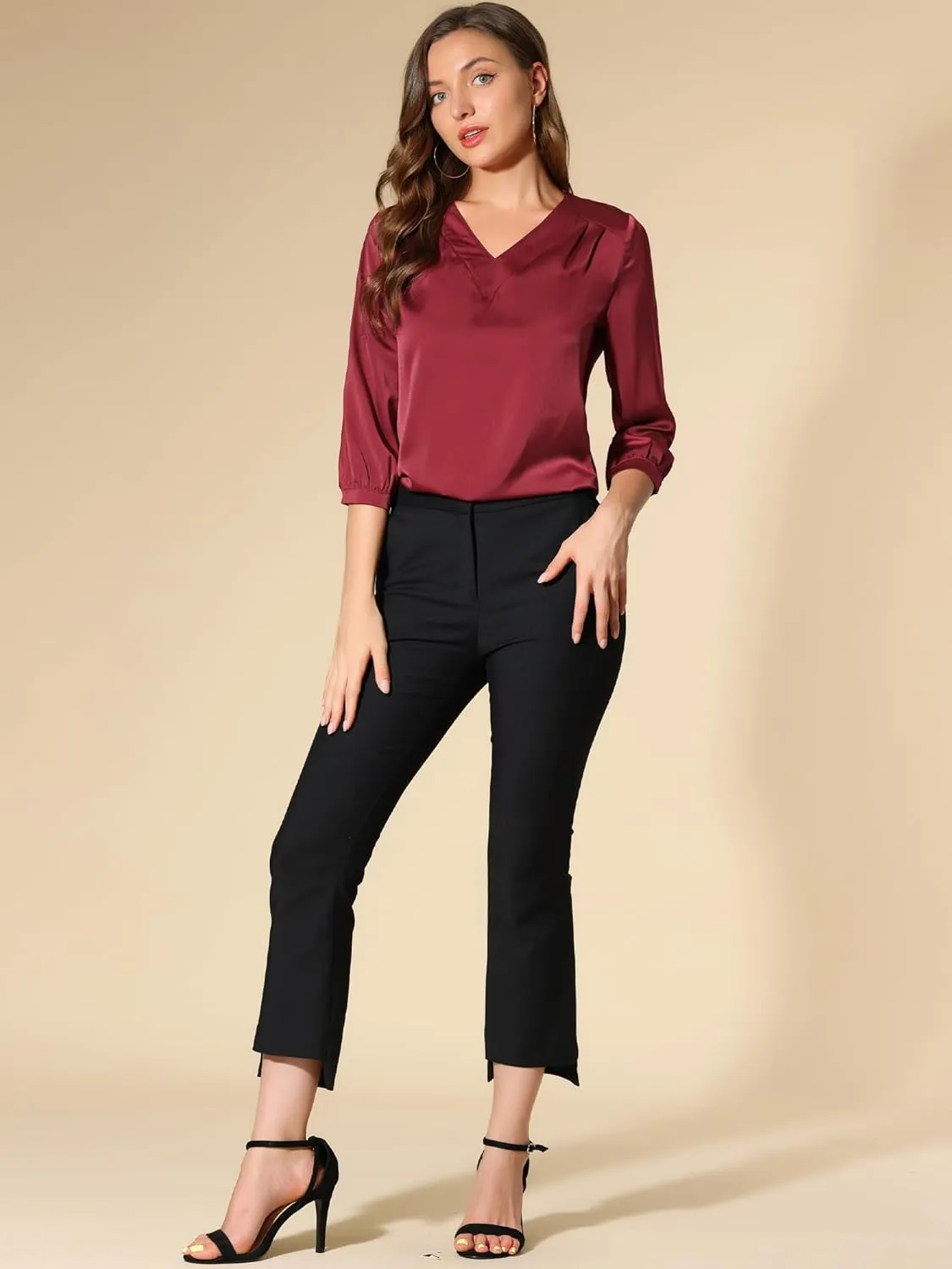 Allegra K Women's Casual Dressy Office Blouses 3/4 Sleeve V Neck Satin Shirt