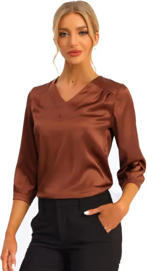 Allegra K Women's Casual Dressy Office Blouses 3/4 Sleeve V Neck Satin Shirt