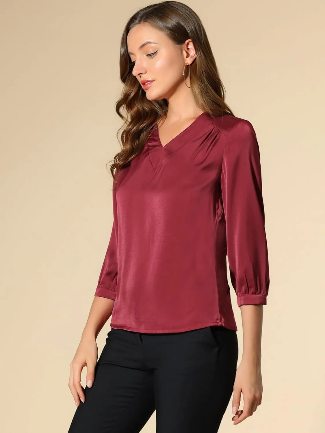 Allegra K Women's Casual Dressy Office Blouses 3/4 Sleeve V Neck Satin Shirt