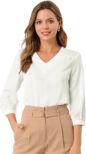 Allegra K Women's Casual Dressy Office Blouses 3/4 Sleeve V Neck Satin Shirt