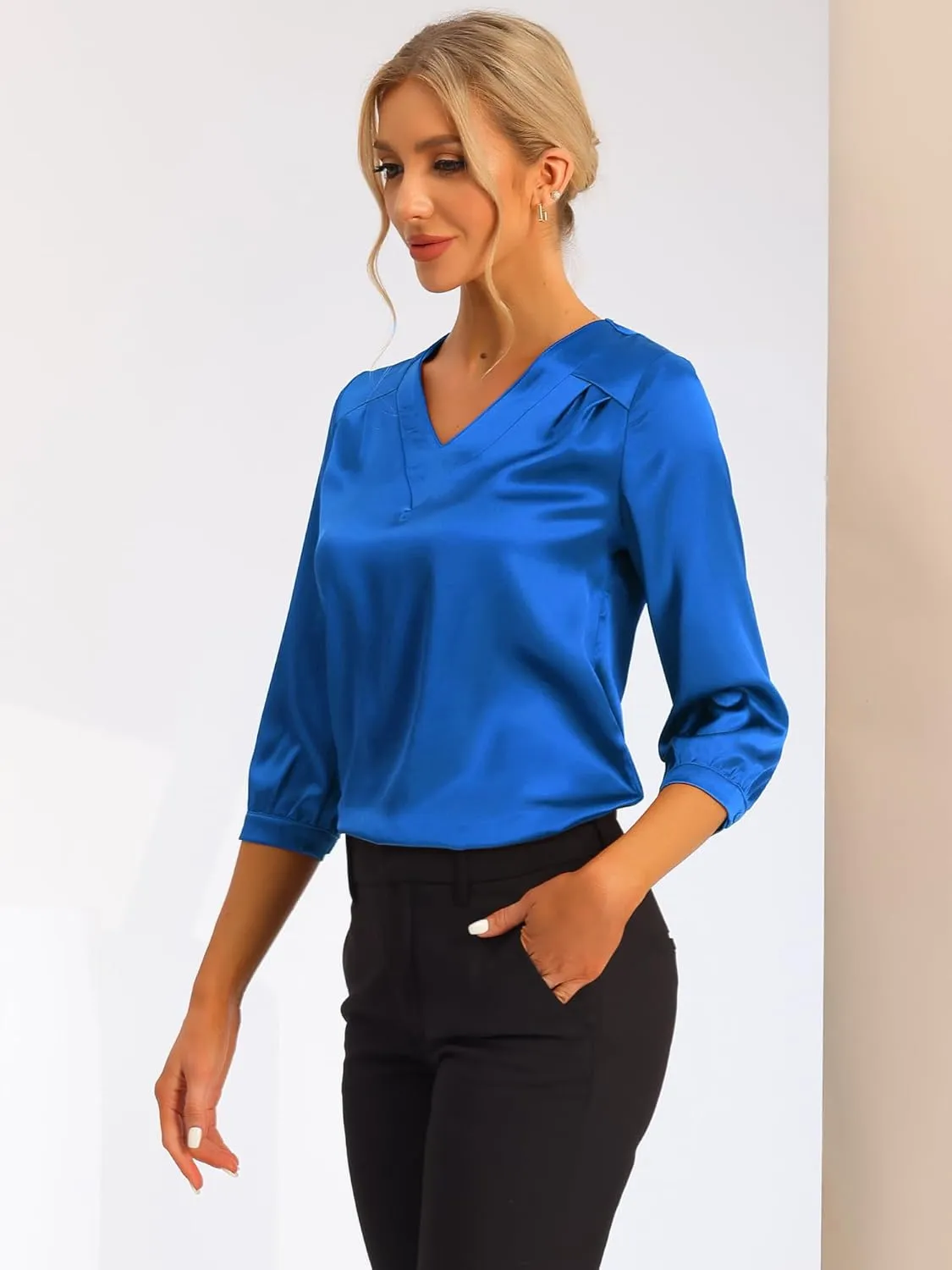 Allegra K Women's Casual Dressy Office Blouses 3/4 Sleeve V Neck Satin Shirt