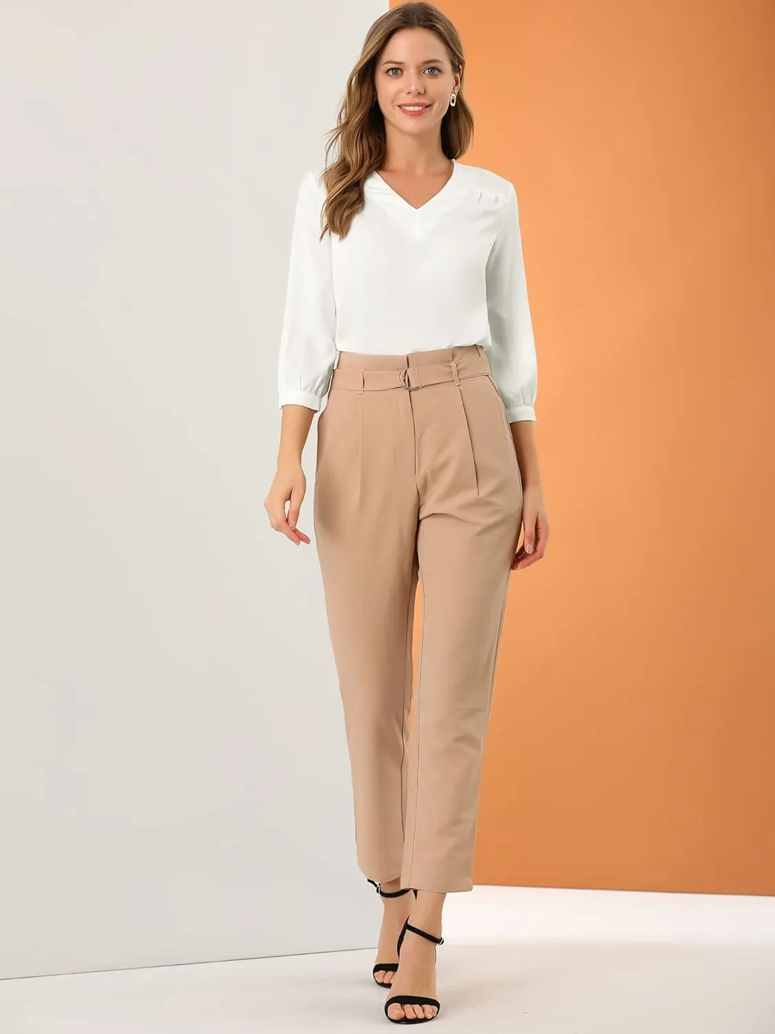 Allegra K Women's Casual Dressy Office Blouses 3/4 Sleeve V Neck Satin Shirt