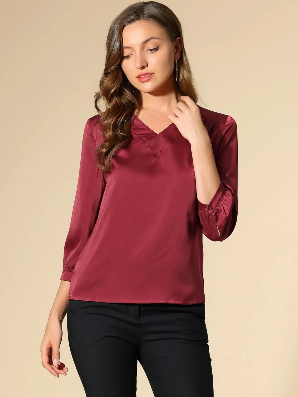 Allegra K Women's Casual Dressy Office Blouses 3/4 Sleeve V Neck Satin Shirt