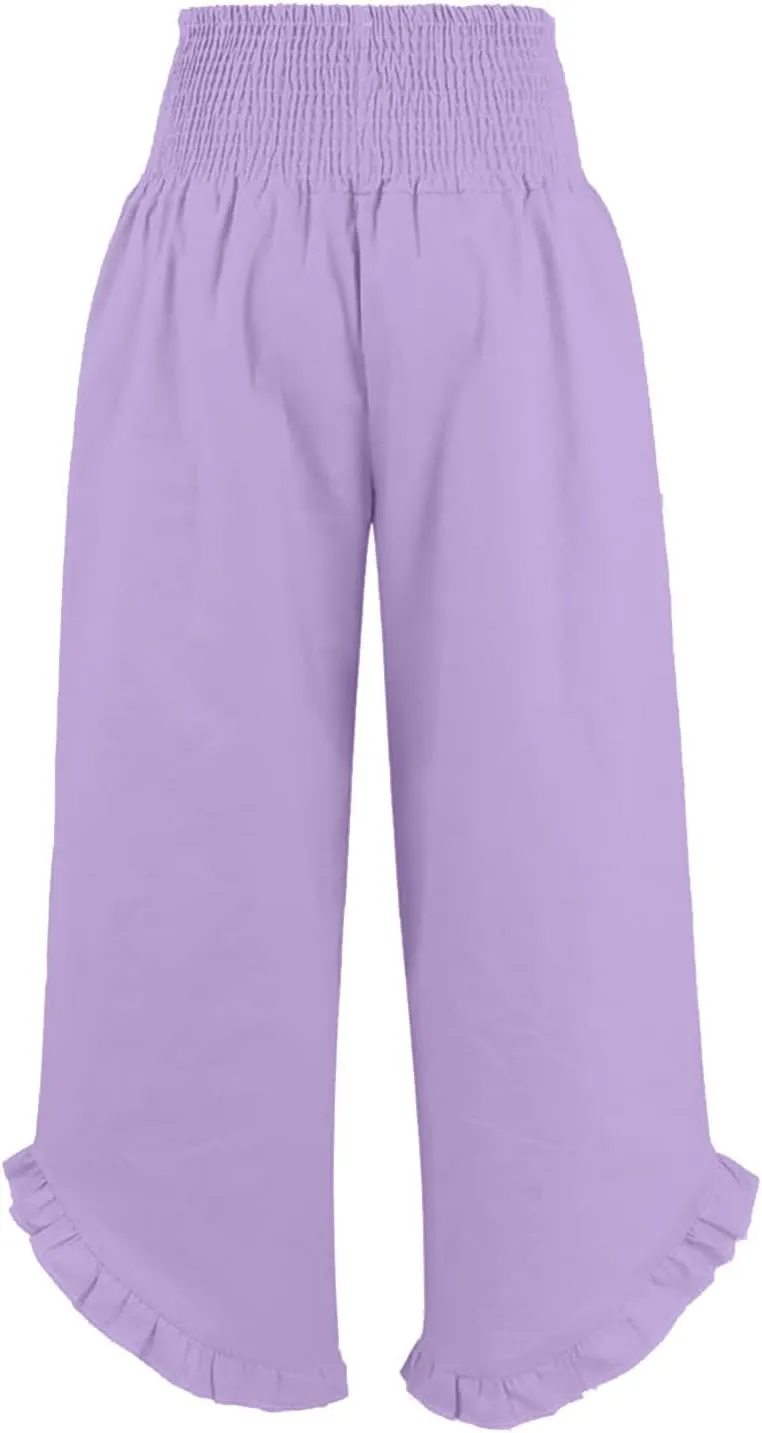 Aniywn Linen Pants Women Summer Wide Leg Trousers Smocked Waist Ruffle Hem Palazzo Pants Boho Flowy Beach Trousers Pocket