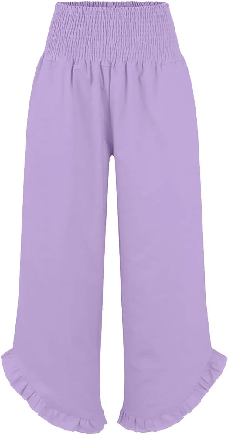Aniywn Linen Pants Women Summer Wide Leg Trousers Smocked Waist Ruffle Hem Palazzo Pants Boho Flowy Beach Trousers Pocket