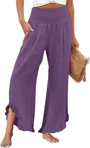 Aniywn Linen Pants Women Summer Wide Leg Trousers Smocked Waist Ruffle Hem Palazzo Pants Boho Flowy Beach Trousers Pocket