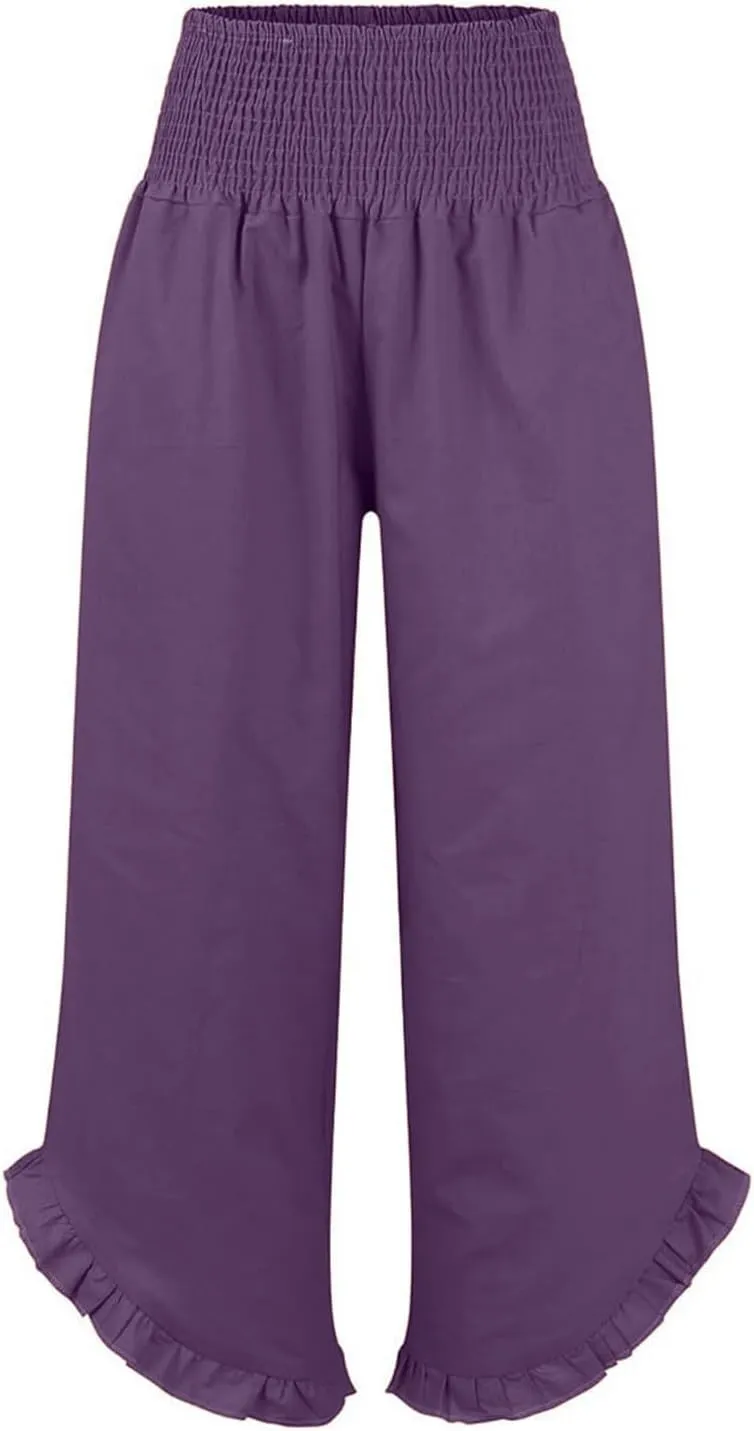 Aniywn Linen Pants Women Summer Wide Leg Trousers Smocked Waist Ruffle Hem Palazzo Pants Boho Flowy Beach Trousers Pocket