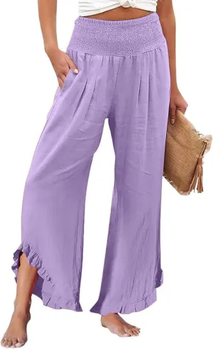 Aniywn Linen Pants Women Summer Wide Leg Trousers Smocked Waist Ruffle Hem Palazzo Pants Boho Flowy Beach Trousers Pocket