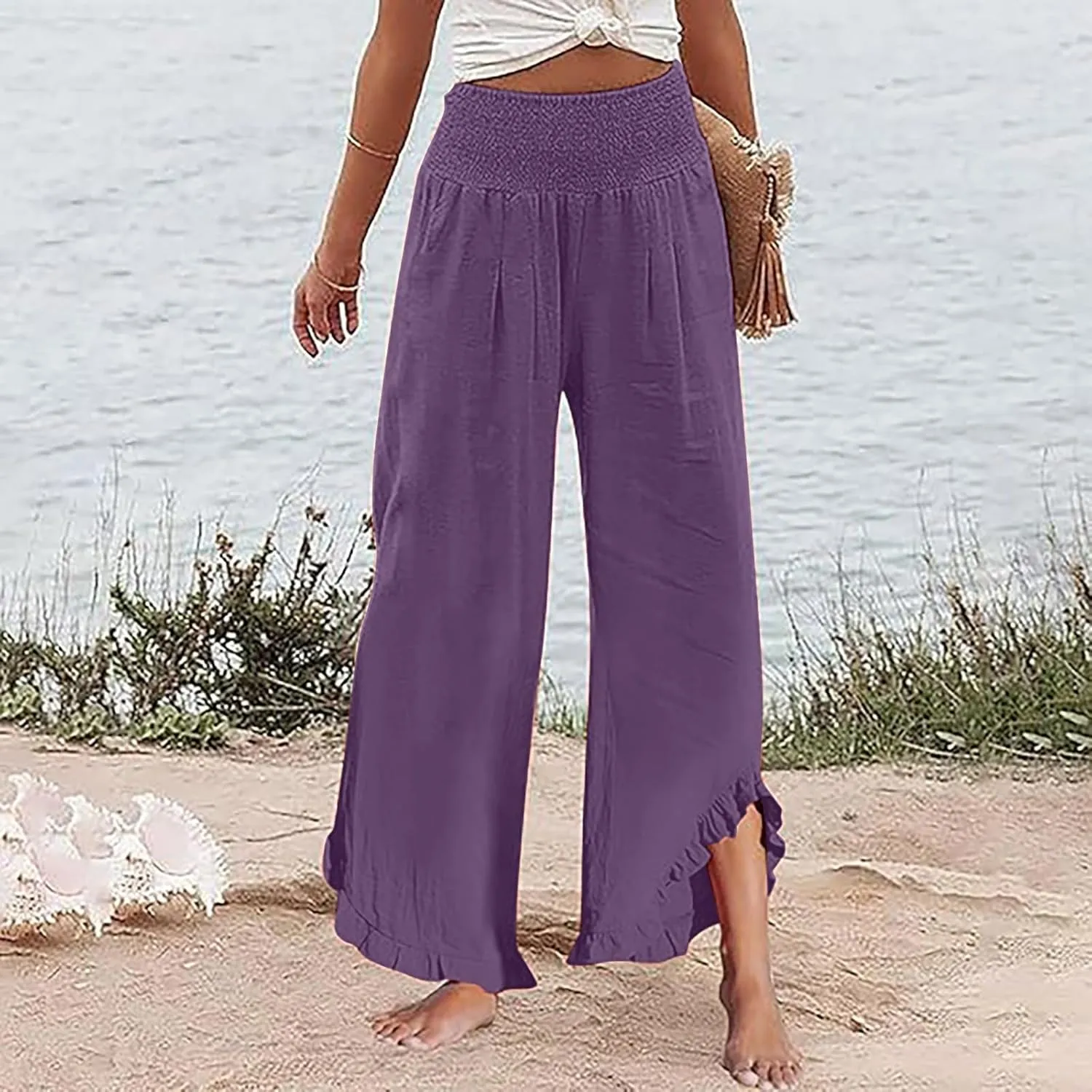 Aniywn Linen Pants Women Summer Wide Leg Trousers Smocked Waist Ruffle Hem Palazzo Pants Boho Flowy Beach Trousers Pocket