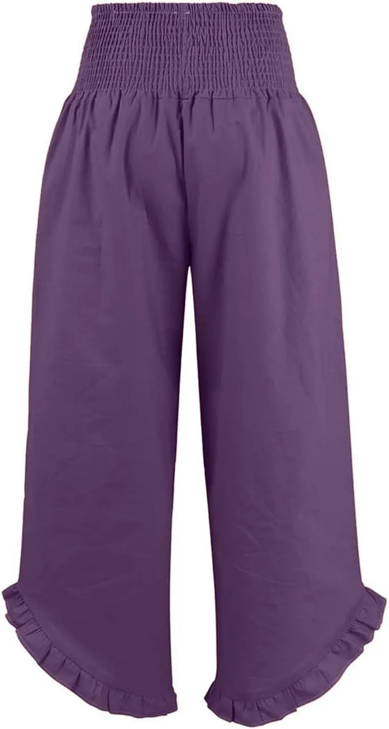 Aniywn Linen Pants Women Summer Wide Leg Trousers Smocked Waist Ruffle Hem Palazzo Pants Boho Flowy Beach Trousers Pocket