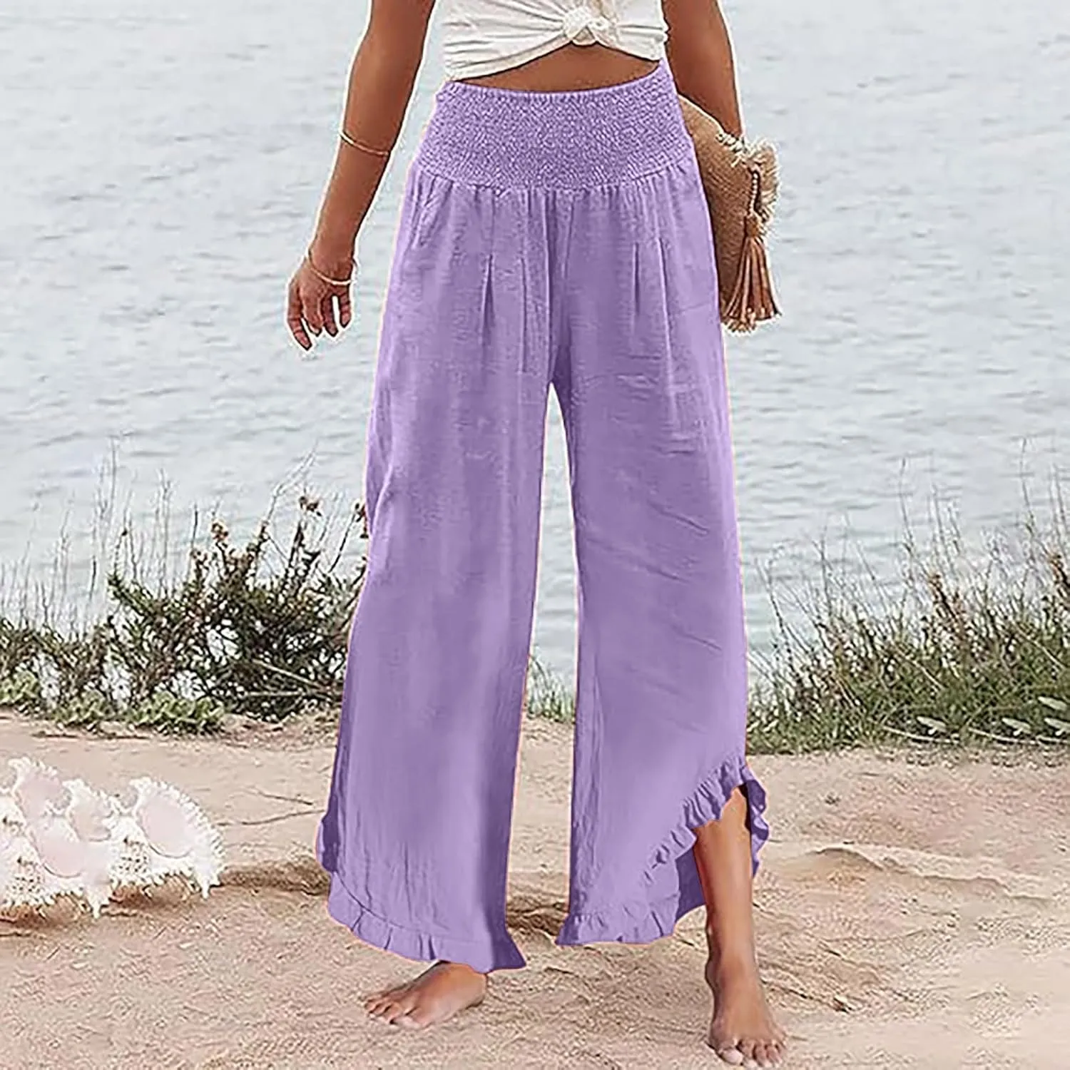 Aniywn Linen Pants Women Summer Wide Leg Trousers Smocked Waist Ruffle Hem Palazzo Pants Boho Flowy Beach Trousers Pocket